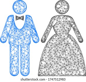 Web net groom with bride vector icon. Flat 2d carcass created from groom with bride pictogram. Abstract carcass mesh polygonal groom with bride. Net carcass 2D mesh in vector EPS format,