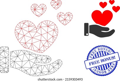 Web Net Hand Offer Love Hearts Vector Icon, And Blue Round FREE BONUS. Grunge Watermark. FREE BONUS. Watermark Uses Round Shape And Blue Color. Flat 2d Model Created From Hand Offer Love Hearts Icon.