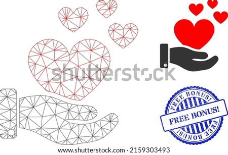 Web net hand offer love hearts vector icon, and blue round FREE BONUS. grunge watermark. FREE BONUS. watermark uses round shape and blue color. Flat 2d model created from hand offer love hearts icon.