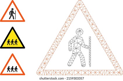 Web net hiking warning vector icon, and bonus icons. Flat 2d model created from hiking warning pictogram. Abstract carcass mesh polygonal hiking warning. Net carcass flat mesh in vector EPS format,