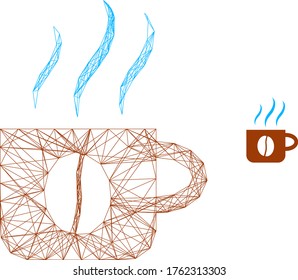 Web net hot coffee cup vector icon. Flat 2d carcass created from hot coffee cup pictogram. Abstract carcass mesh polygonal hot coffee cup. Net carcass 2D mesh in vector EPS format,