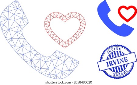 Web net love phone receiver vector icon, and blue round IRVINE dirty stamp. IRVINE watermark uses round shape and blue color. Flat 2d carcass created from love phone receiver icon.