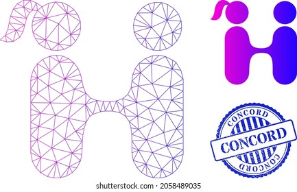 Web net lovers meeting vector icon, and blue round CONCORD unclean watermark. CONCORD stamp uses round template and blue color. Flat 2d carcass created from lovers meeting icon.
