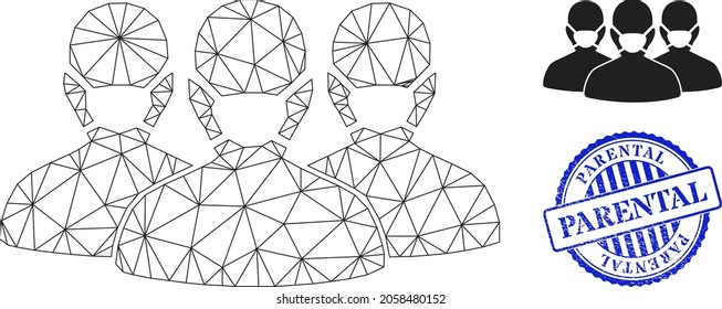 Las personas de la máscara de red web agrupan el icono vector y la impresión de estampado de grunge PARENTAL redondo azul. El sello PARENTAL utiliza una plantilla redonda y color azul. Carcasaca plana 2d creada a partir del icono del grupo de personas de mascarillas.