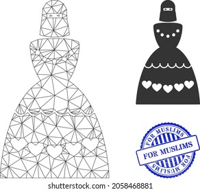 Web net muslim bride vector icon, and blue round FOR MUSLIMS corroded stamp print. FOR MUSLIMS watermark uses round shape and blue color. Flat 2d model created from muslim bride icon.