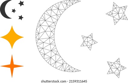 Web net night moon sky vector icon, and other icons. Flat 2d carcass created from night moon sky pictogram. Abstract carcass mesh polygonal night moon sky. Net carcass flat mesh in vector EPS format,