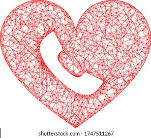 Web net phone heart vector icon. Flat 2d carcass created from phone heart pictogram. Abstract carcass mesh polygonal phone heart. Net carcass 2D mesh in vector format, on a white background.