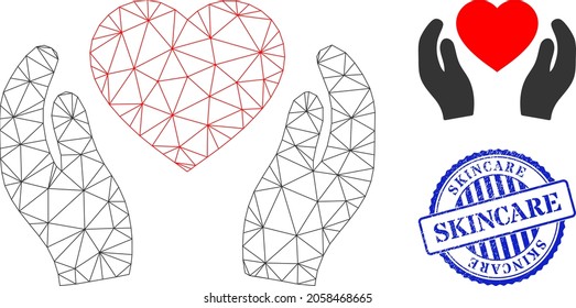 Web net romantic heart care hands vector icon, and blue round SKINCARE corroded watermark. SKINCARE stamp seal uses round shape and blue color.