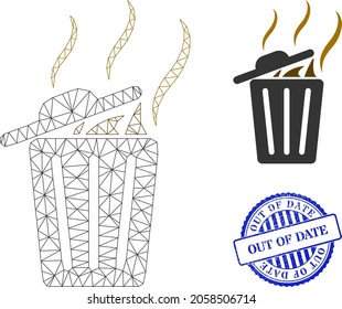 Web net smell trash can vector icon, and blue round OUT OF DATE textured seal. OUT OF DATE stamp seal uses round form and blue color. Flat 2d carcass created from smell trash can icon.