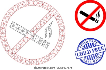 Web-Netz Rauchen verboten Vektorsymbol, und blau rund CHILD FREE Rohkautschuk-Druck. Der kinderlose Aufdruck verwendet runde Vorlage und blaue Farbe. Flat 2d-Schlachtkörper, der aus dem Rauchen verbotener Ikone entstanden ist.