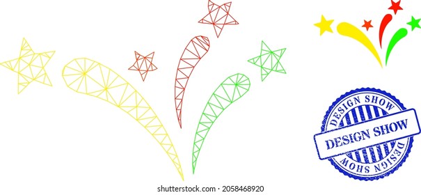 Web net star fireworks vector icon, and blue round DESIGN SHOW corroded badge. DESIGN SHOW watermark uses round shape and blue color. Flat 2d carcass created from star fireworks icon.