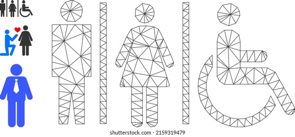 Web net toilet symbols vector icon, and additional icons. Flat 2d carcass created from toilet symbols pictogram. Abstract carcass mesh polygonal toilet symbols.