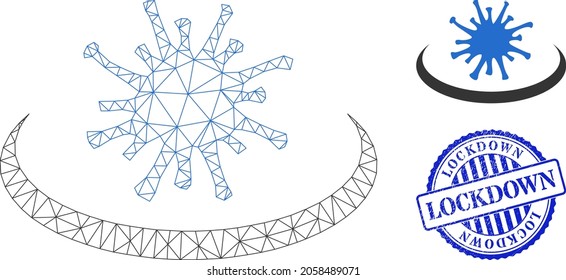 Web net virus area vector icon, and blue round LOCKDOWN scratched stamp seal. LOCKDOWN seal uses round template and blue color. Flat 2d carcass created from virus area icon.