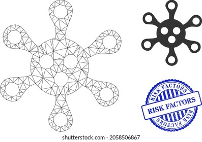 Web net virus vector icon, and blue round RISK FACTORS textured stamp imitation. RISK FACTORS stamp uses round template and blue color. Flat 2d carcass created from virus pictogram.