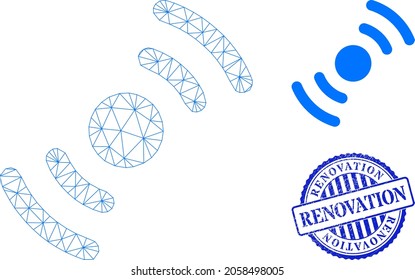 Web-Netzwerk-Luftturbine Rotation Vektorsymbol, und blauer rund RENOVATION korrodierte Stempel-Imitation. RENOVATION Stempel Siegel verwendet runde Vorlage und blaue Farbe.