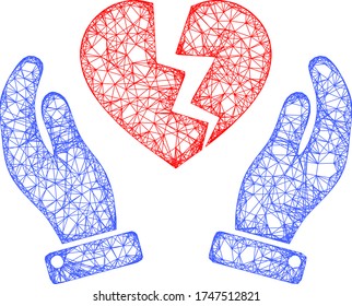 Web network broken heart protection hands vector icon. Flat 2d carcass created from broken heart protection hands pictogram. Abstract carcass mesh polygonal broken heart protection hands.