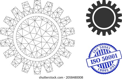 Web network cogwheel vector icon, and blue round ISO 50001 grunge stamp seal. ISO 50001 seal uses round shape and blue color. Flat 2d carcass created from cogwheel icon.