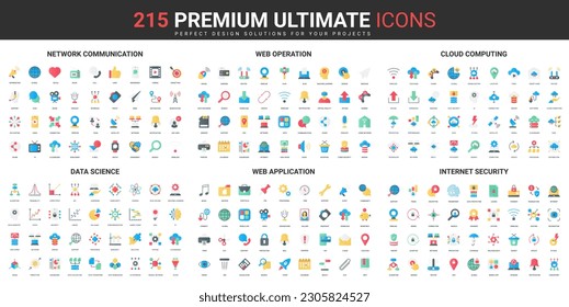 Web network communication, internet application security, science data color flat icons set vector illustration. Abstract symbols of cloud computing operations, simple design for mobile and web apps