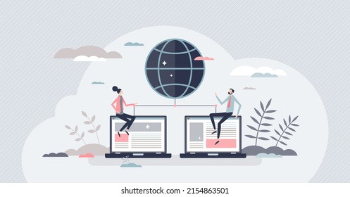 Web network and data hosting for social media connection tiny person concept. User communication using internet cyberspace vector illustration. Shared big data information with linked online servers.