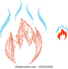 Web network fire with smoke vector icon. Flat 2d carcass created from fire with smoke pictogram. Abstract carcass mesh polygonal fire with smoke. Linear frame 2D mesh in vector format,