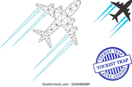 Icono del vector de trazas de trazas de aviones voladores de red web, y sello de sellado de sellos todoterreno TOURIST TRAP redondo azul. El sello TRAP de TOURIST utiliza formas redondeadas y color azul.