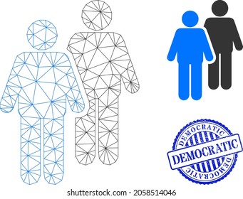 Web network gay persons couple vector icon, and blue round DEMOCRATIC grunge stamp seal. DEMOCRATIC stamp uses round form and blue color. Flat 2d model created from gay persons couple icon.