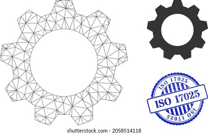 Web network gearwheel vector icon, and blue round ISO 17025 grunge stamp seal. ISO 17025 stamp seal uses round form and blue color. Flat 2d carcass created from gearwheel icon. svg