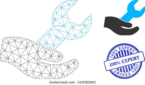Web network hand and wrench vector icon, and blue round 100 percent EXPERT dirty stamp. 100 percent EXPERT imprint uses round template and blue color. Flat 2d carcass created from hand and wrench icon