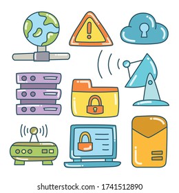 Web- und Netzwerk-Icons setzen Farbdoodle-Thema