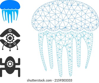 Web network jellyfish vector icon, and additional icons. Flat 2d carcass created from jellyfish pictogram. Abstract carcass mesh polygonal jellyfish. Wire carcass flat mesh in vector EPS format,