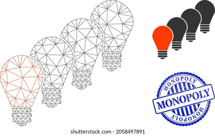 Web network lamp bulbs vector icon, and blue round MONOPOLY dirty stamp seal. MONOPOLY seal uses round template and blue color. Flat 2d carcass created from lamp bulbs icon.