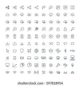 web, network  line 100 icons set on white background, share, search, wifi, internet