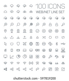 web, network  line 100 icons set on white background, share, search, wifi, internet