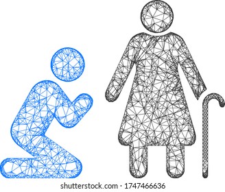 Web network man pray for grandmother vector icon. Flat 2d carcass created from man pray for grandmother pictogram. Abstract carcass mesh polygonal man pray for grandmother.