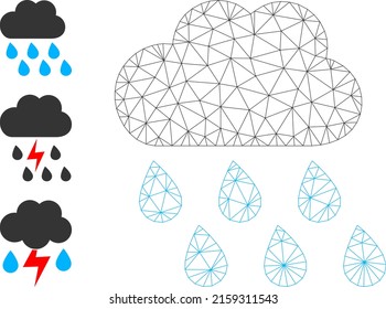 Web network rain weather vector icon, and bonus icons. Flat 2d carcass created from rain weather pictogram. Abstract carcass mesh polygonal rain weather. Net carcass 2D mesh in vector format,
