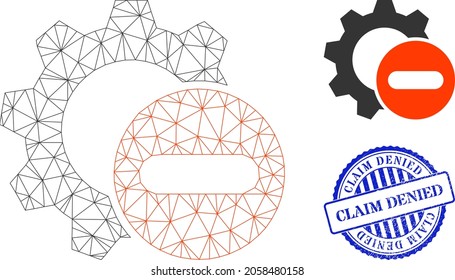 La red web elimina la configuración del icono vector de engranajes y el sello de textura CLAIM DENIED. RECLAMANDO DENEGADO el sello usa una plantilla redonda y color azul.