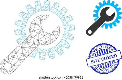 Web network repair gear vector icon, and blue round SITE CLOSED rubber print. SITE CLOSED stamp seal uses round template and blue color. Flat 2d carcass created from repair gear icon.