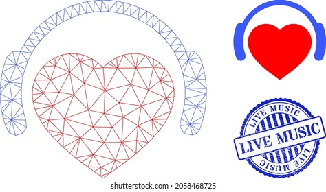 Web network romantic heart DJ vector icon, and blue round LIVE MUSIC scratched stamp. LIVE MUSIC stamp seal uses round template and blue color.