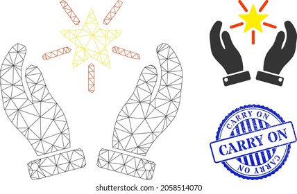 Web network shine star care hands vector icon, and blue round CARRY ON unclean seal. CARRY ON seal uses round shape and blue color. Flat 2d model created from shine star care hands icon.