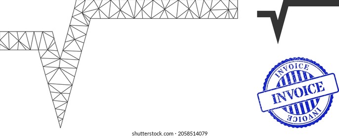 Web network square root vector icon, and blue round INVOICE rubber stamp print. INVOICE stamp seal uses round shape and blue color. Flat 2d model created from square root icon.