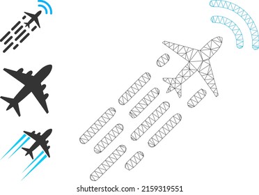 Web network supersonic airplane flight vector icon, and bonus icons. Flat 2d carcass created from supersonic airplane flight pictogram. Abstract carcass mesh polygonal supersonic airplane flight.