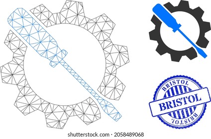 Web network wrench tuning vector icon, and blue round BRISTOL rough stamp seal. BRISTOL stamp uses round form and blue color. Flat 2d model created from wrench tuning icon.