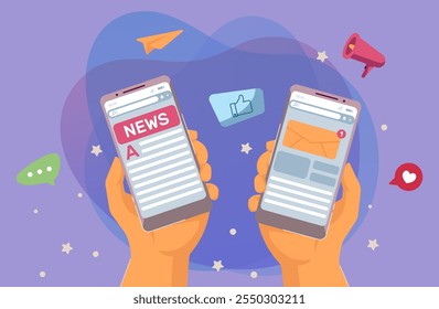 Notícias na Web e comunicação online. Ilustração de vetor plano. Duas mãos segurando smartphones com notificações e jornal online na tela. Mídias sociais, jornalismo, conceito de internet para design