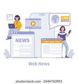 Web News platform concept. Instant global news access and live updates via online portals. Stay informed with the latest digital media trends. Vector illustration.