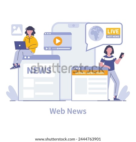 Web News platform concept. Instant global news access and live updates via online portals. Stay informed with the latest digital media trends. Vector illustration.