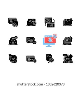 Web notifications black glyph icons set on white space. Different HTTP status codes silhouette symbols. Internet websites responses. Various webpage connection problems. Vector isolated illustrations