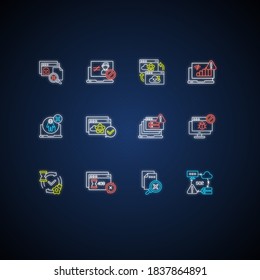 Web notifications neon light icons set. HTTP status codes signs with outer glowing effect. Internet websites responses. Various webpage connection problems. Vector isolated RGB color illustrations