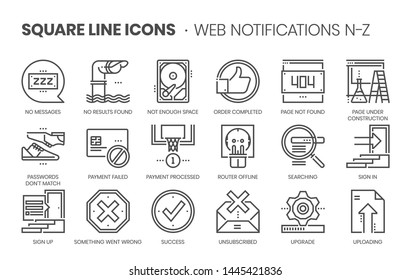 Web notifications related, pixel perfect, editable stroke, up scalable square line vector icon set. 