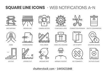 Web notifications related, pixel perfect, editable stroke, up scalable square line vector icon set. 