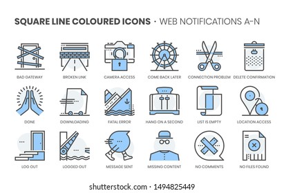 Web notifications related, square line color vector icon set for applications and website development. The icon set is editable stroke, pixel perfect and 64x64.